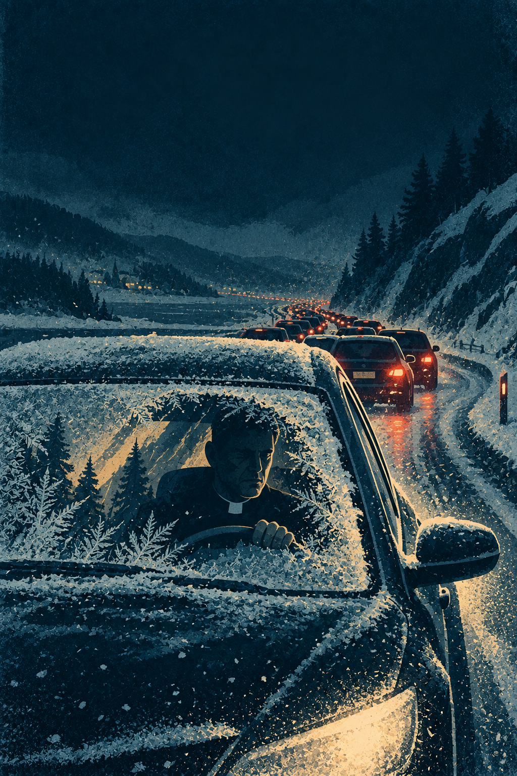 Grafisches Motiv mit einem Priester in einem eingeschneiten Auto und einer langen Stauschlange im Winter